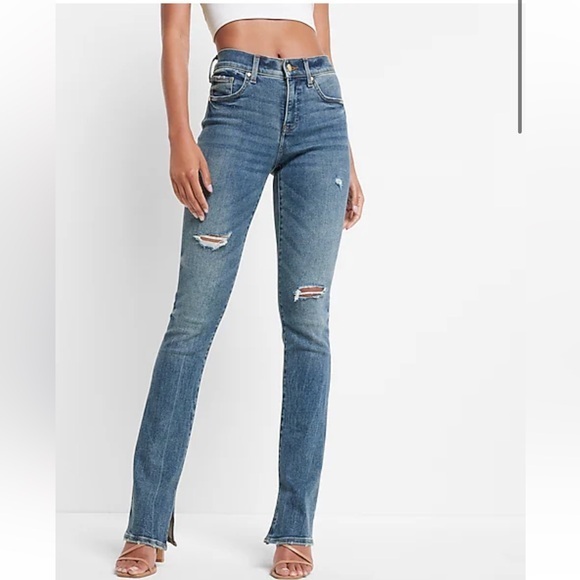 New Express Mid Rise Ripped Skyscraper Jeans Medium Wash Navy Blue Size 12R - Picture 1 of 15